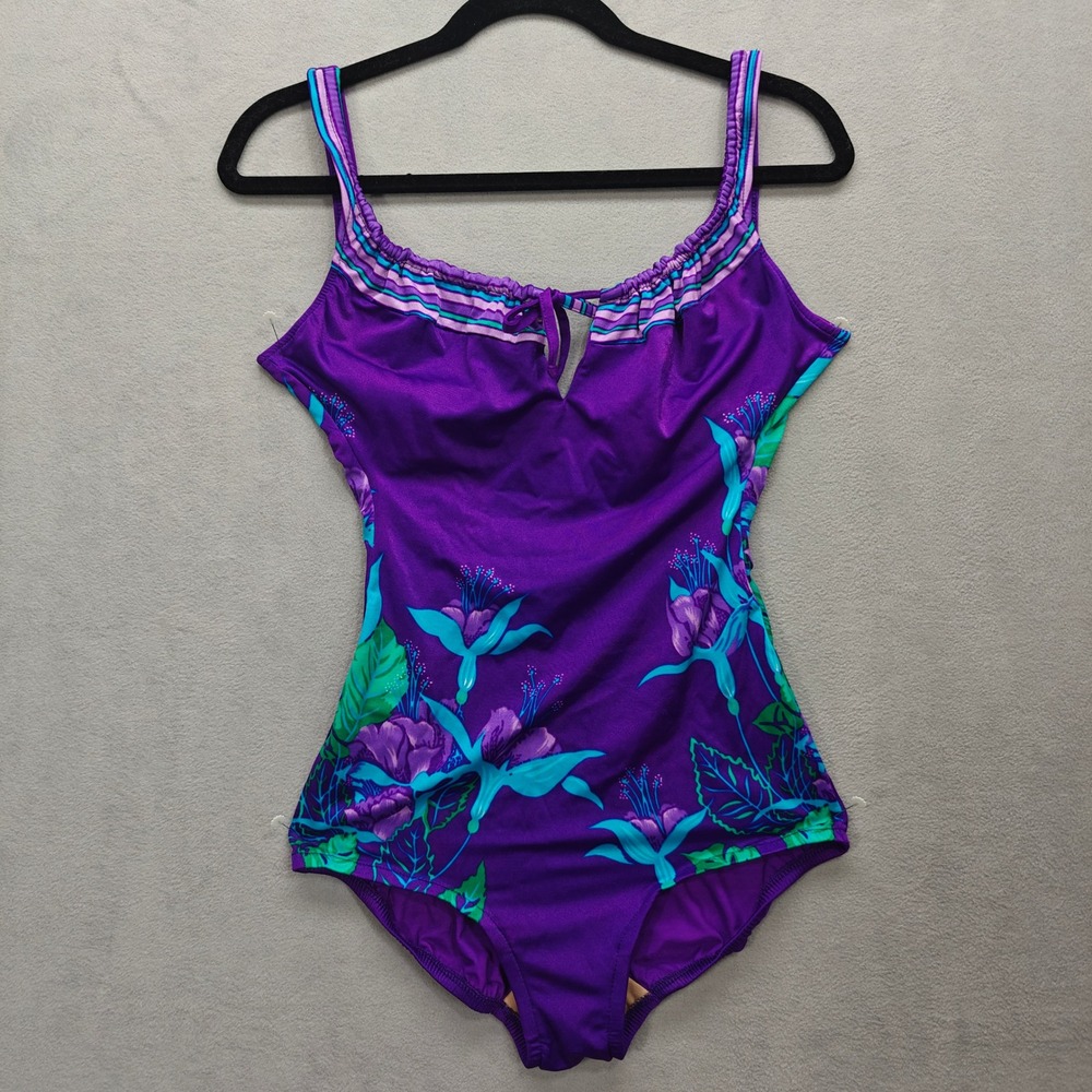 Vintage Purple Floral One Piece Swimsuit 14 Sirena Tropical Beach Vacation Boat